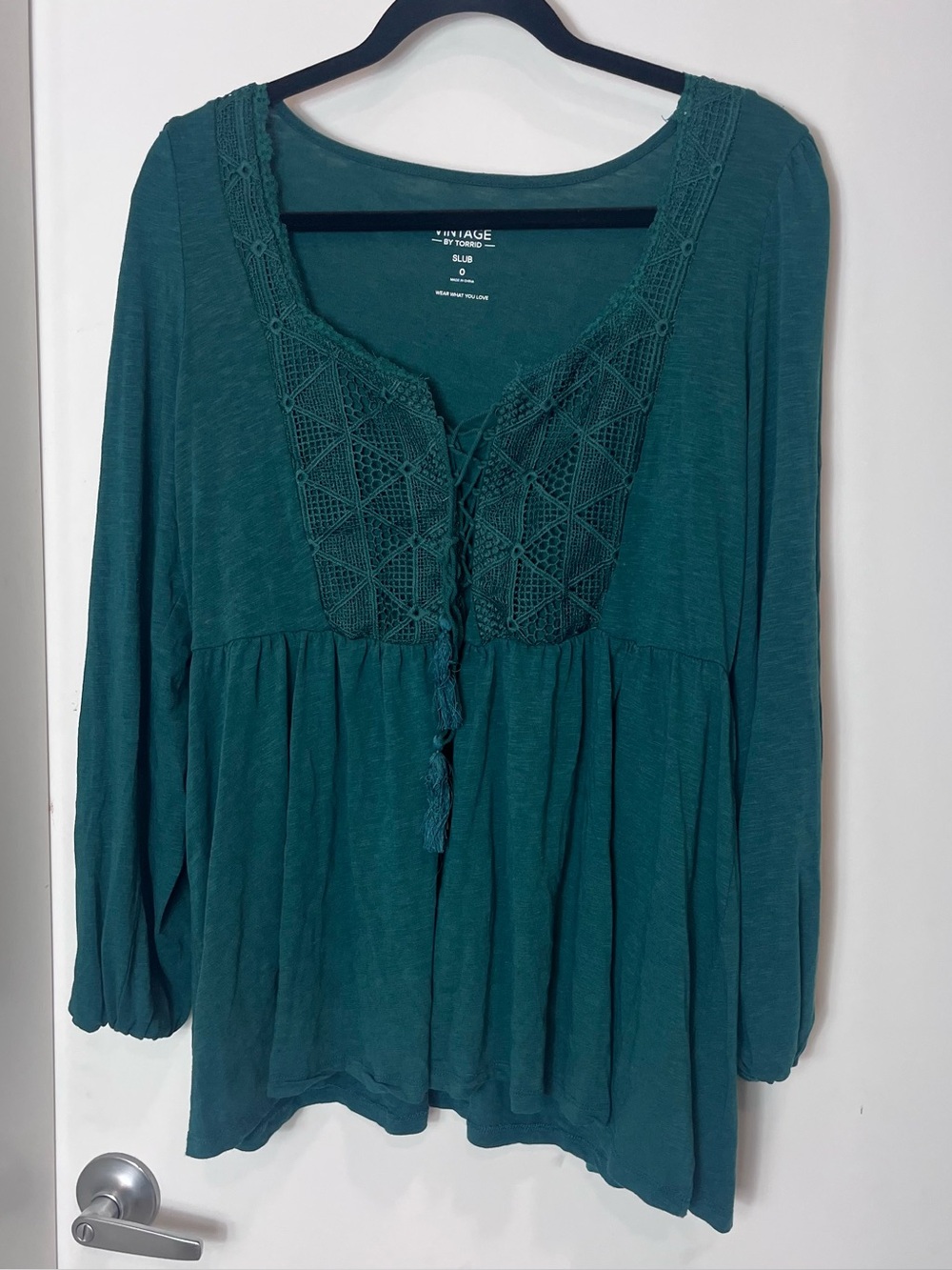 Torrid Vintage Slub Teal Crochet-Front Women's Peasant Blouse Size 0 Large